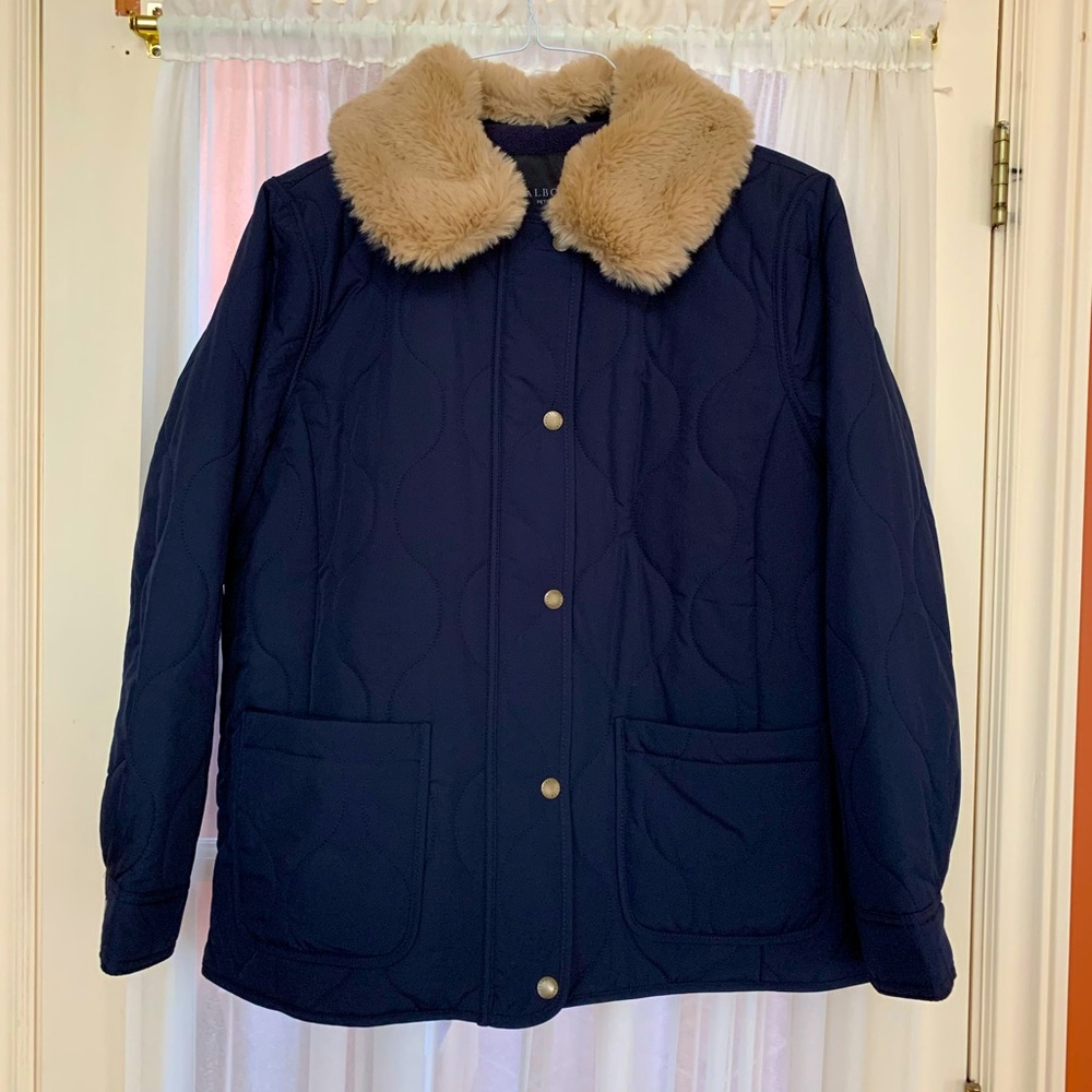 Talbots Petite Large Fall Quilted bomber Jacket with removable fur collar